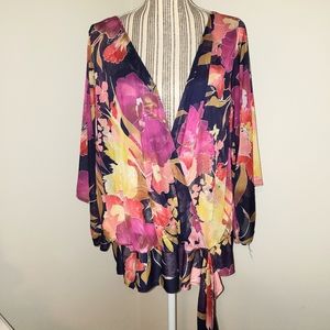 Lane Bryant Vibrant Colorful Floral Blouse Tie Front